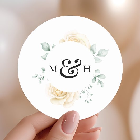 Modern Watercolour Greenery Monogram Wedding ラウンドシール