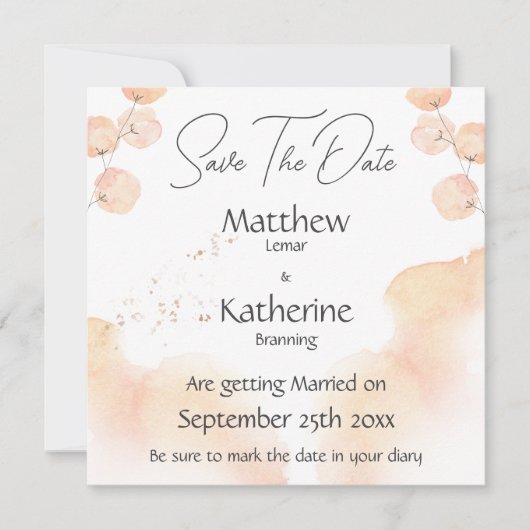 Modern Watercolour Peach Save The Date Wedding セーブザデート (正面)