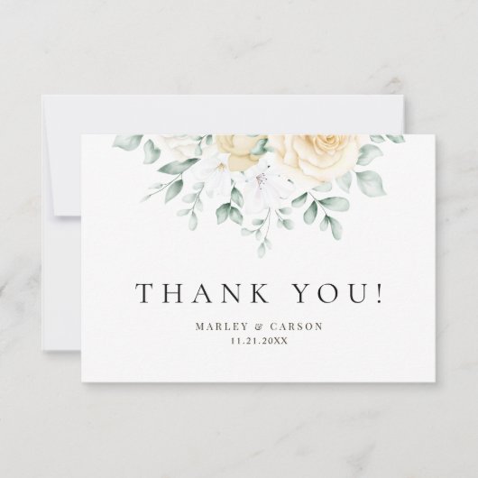 Modern Watercolour White Rose Eucalyptus Greenery サンキューカード (正面)