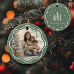 Modern Wavy Frame Family Photo Sage Green セラミックオーナメント<br><div class="desc">Add charm to your tree with our Modern Wavy Frame Family Photo ornament! Cute sage green Christmas tree design & custom text!</div>