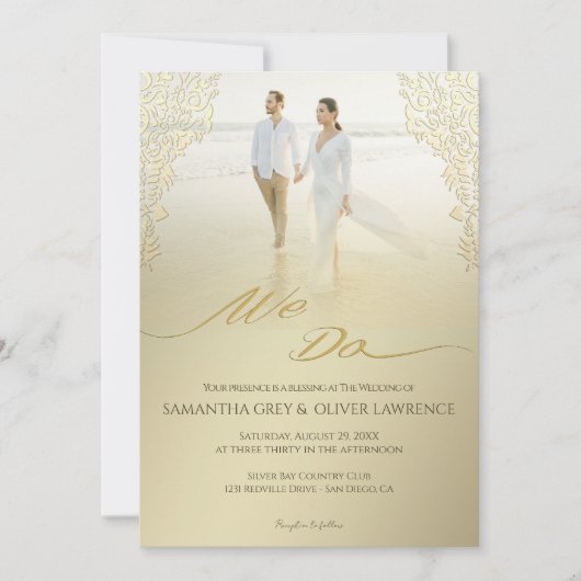 Modern “We Do” Wedding Invitation Gold Damask サンキューカード (正面)