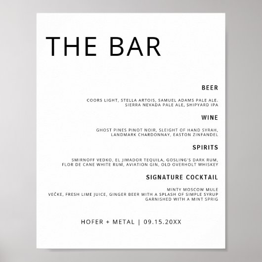 Modern Wedding Bar Menu Minimalist Wedding Drink ポスター (正面)