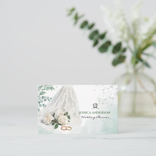 Modern Wedding Planner Bride Veil Green 名刺 (スタンド正面)