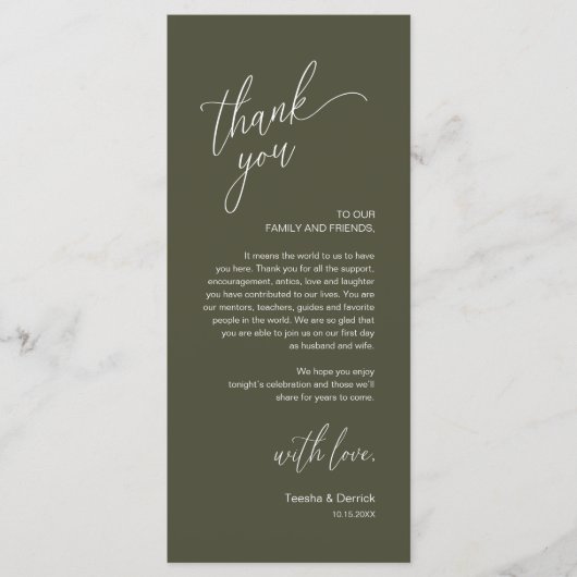 Modern Wedding Reception Dinner Thank You Card プログラム (正面)