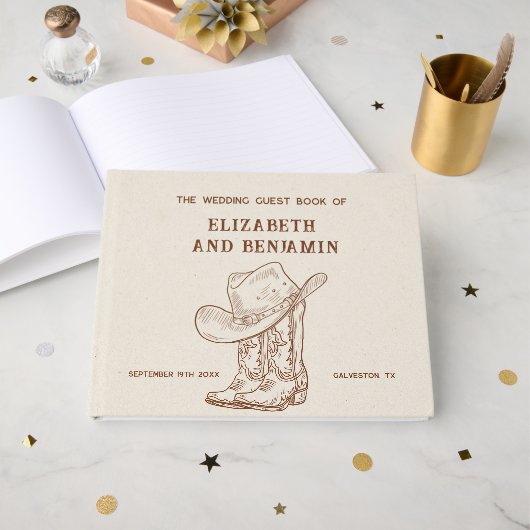 Modern Western Cowboy Boots and Hat Barn Wedding ゲストブック (正面見開き)