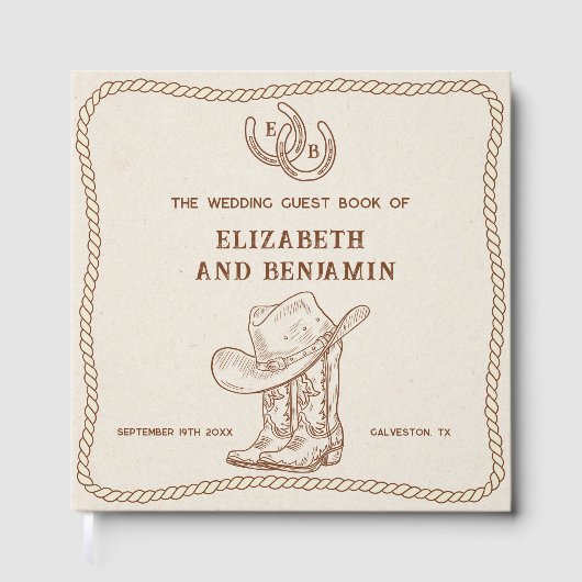 Modern Western Horseshoe Initials Cowboy Wedding ゲストブック (正面)