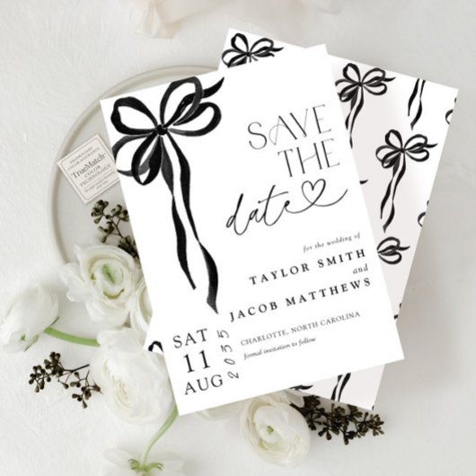 Modern Whimsical Black Bow Script Save the Date 招待状
