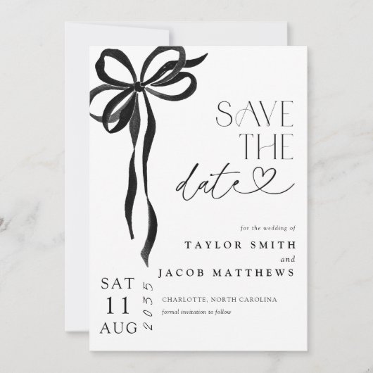 Modern Whimsical Black Bow Script Save the Date 招待状 (正面)