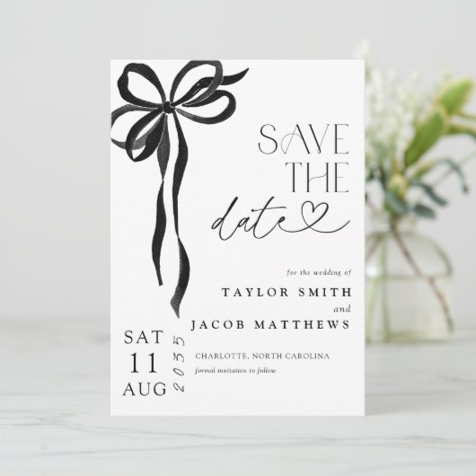 Modern Whimsical Black Bow Script Save the Date 招待状 (スタンド正面)