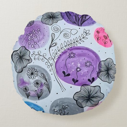 Modern Whimsical Botanical Round Throw Pillow ラウンドクッション (正面)