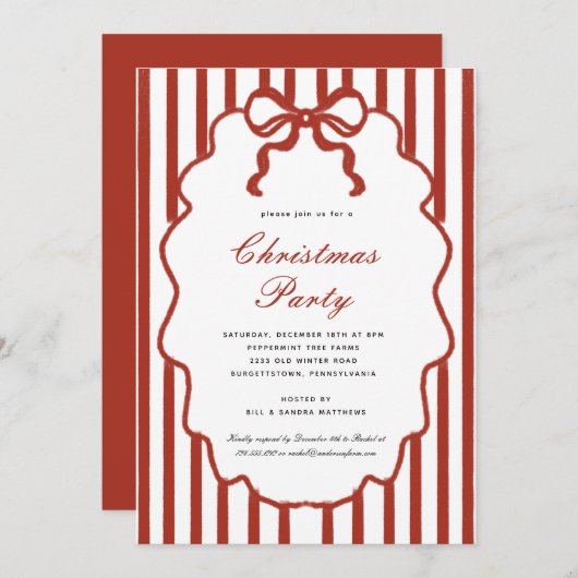 Modern Whimsical Bow Illustrated Christmas Party 招待状 (正面/裏面)