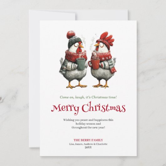 Modern whimsical chickens Christmas greeting card シーズンカード (正面)