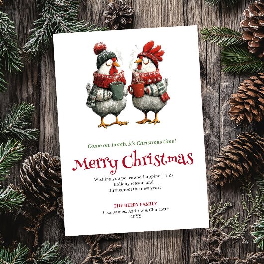 Modern whimsical chickens Christmas greeting card シーズンカード