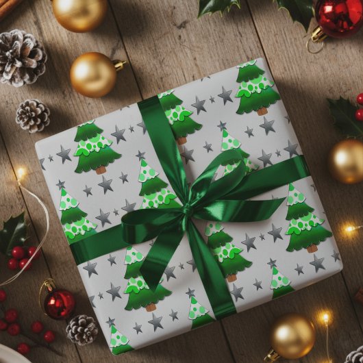 Modern Whimsical Christmas Trees & Silver Stars ラッピングペーパー