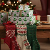 Modern Whimsical Christmas Trees & Silver Stars ラッピングペーパー