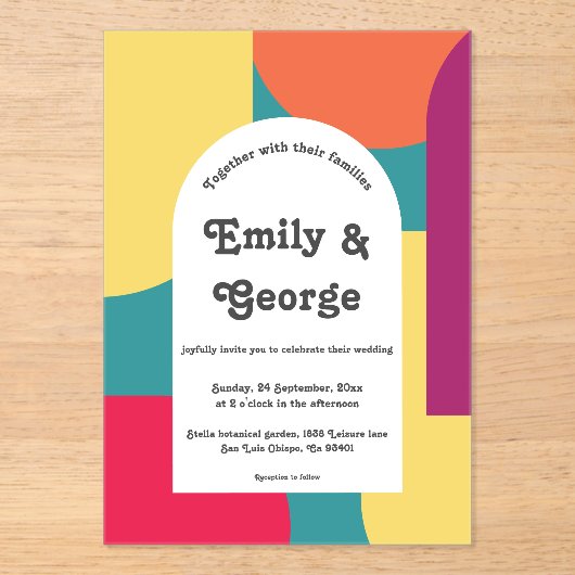 Modern Whimsical Colorful Groovy Abstract Wedding アクリル招待状 (正面)