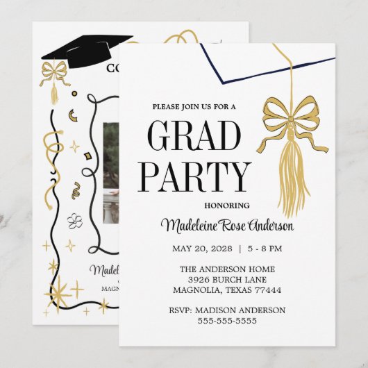 Modern Whimsical Gold Black Graduation Cap 招待状 (正面/裏面)