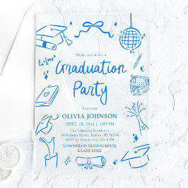 Modern Whimsical Hand Drawn Blue Graduation Party アクリル招待状