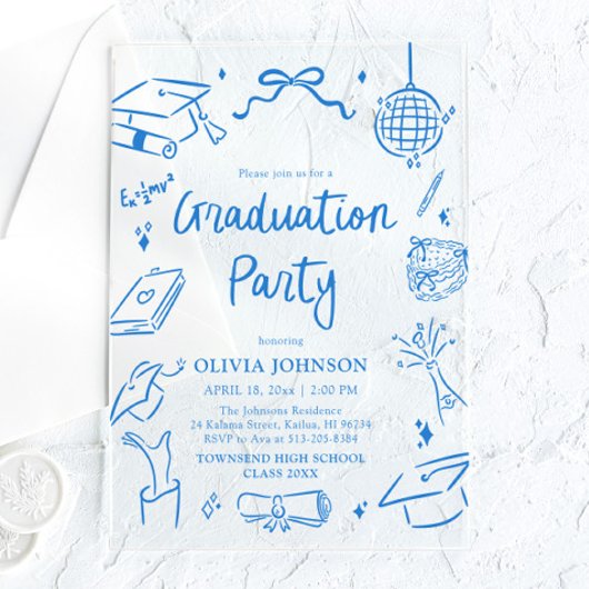 Modern Whimsical Hand Drawn Blue Graduation Party アクリル招待状