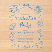 Modern Whimsical Hand Drawn Blue Graduation Party アクリル招待状 (正面)