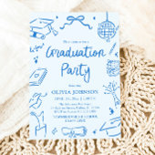 Modern Whimsical Hand Drawn Blue Graduation Party 招待状