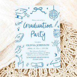Modern Whimsical Hand Drawn Blue Graduation Party 招待状