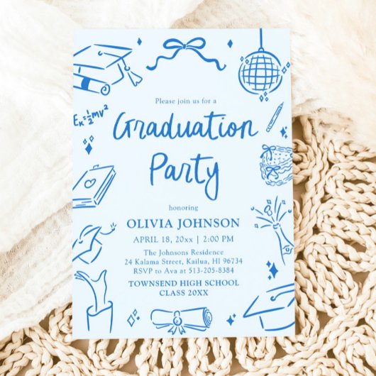 Modern Whimsical Hand Drawn Blue Graduation Party 招待状