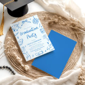 Modern Whimsical Hand Drawn Blue Graduation Party 招待状