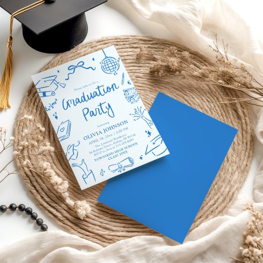 Modern Whimsical Hand Drawn Blue Graduation Party 招待状