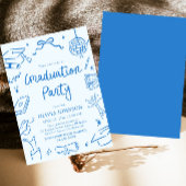 Modern Whimsical Hand Drawn Blue Graduation Party 招待状