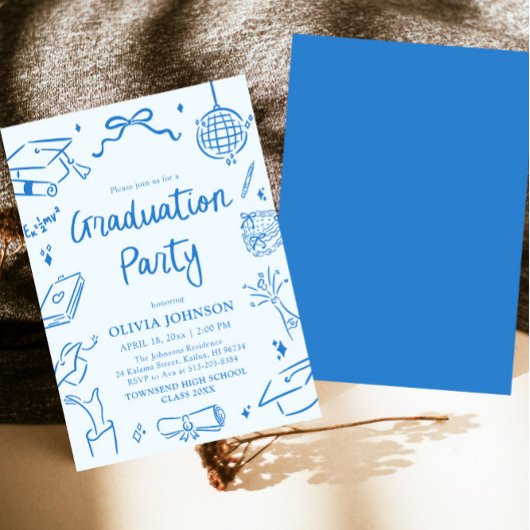Modern Whimsical Hand Drawn Blue Graduation Party 招待状