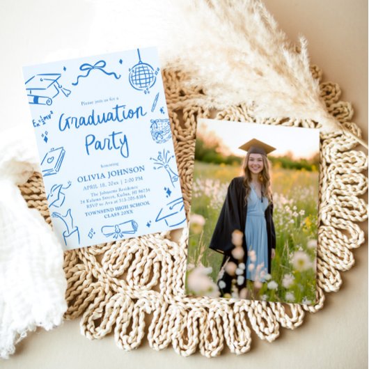 Modern Whimsical Hand Drawn Blue Graduation Party 招待状