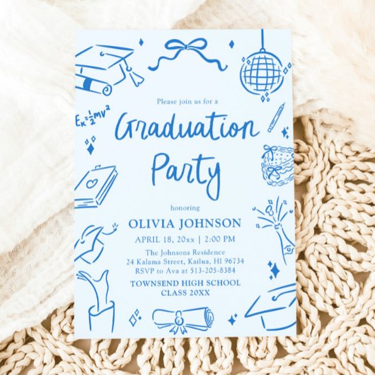 Modern Whimsical Hand Drawn Blue Graduation Party 招待状