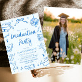 Modern Whimsical Hand Drawn Blue Graduation Party 招待状