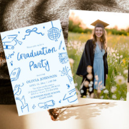Modern Whimsical Hand Drawn Blue Graduation Party 招待状