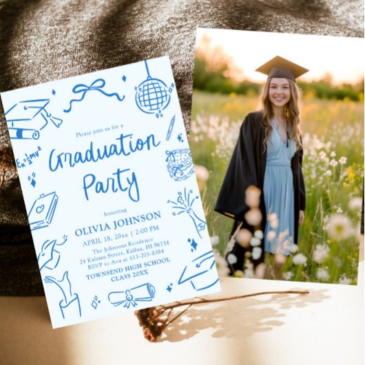 Modern Whimsical Hand Drawn Blue Graduation Party 招待状
