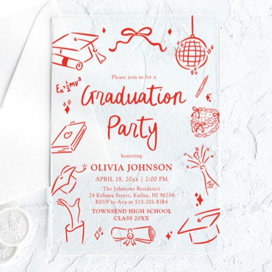 Modern Whimsical Hand Drawn Bow Graduation Party アクリル招待状