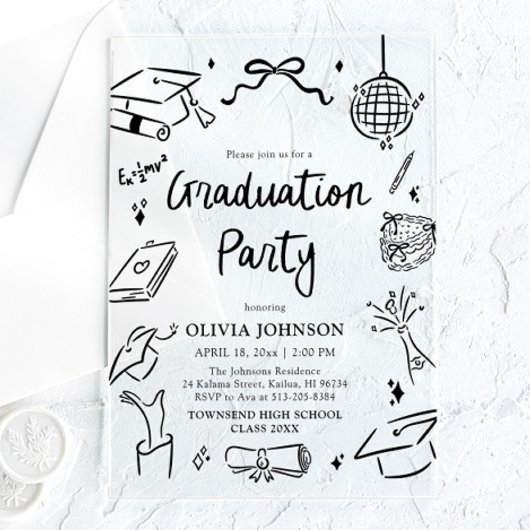 Modern Whimsical Hand Drawn Bow Graduation Party アクリル招待状