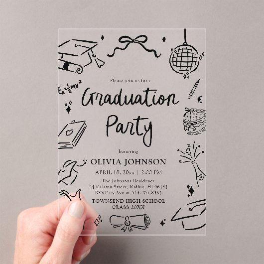 Modern Whimsical Hand Drawn Bow Graduation Party アクリル招待状 (インサイチュ (ポータブル))