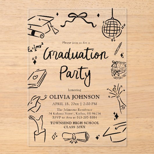 Modern Whimsical Hand Drawn Bow Graduation Party アクリル招待状 (正面)