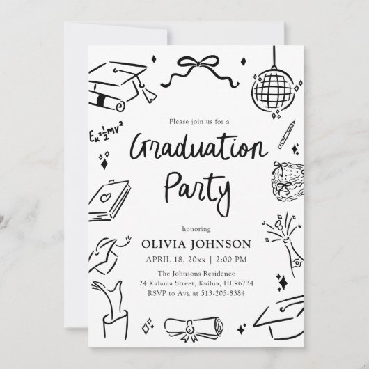 Modern Whimsical Hand Drawn Bow Graduation Party 招待状 (正面)