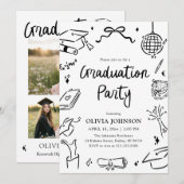 Modern Whimsical Hand Drawn Bow Graduation Party 招待状 (正面/裏面)