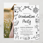 Modern Whimsical Hand Drawn Bow Graduation Party 招待状 (正面/裏面)