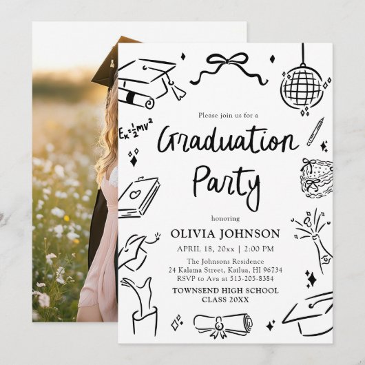 Modern Whimsical Hand Drawn Bow Graduation Party 招待状 (正面/裏面)