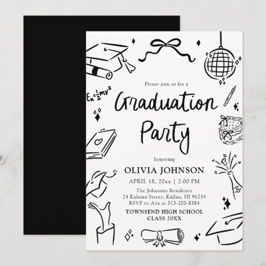 Modern Whimsical Hand Drawn Bow Graduation Party 招待状 (正面/裏面)