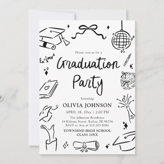 Modern Whimsical Hand Drawn Bow Graduation Party 招待状 (正面)