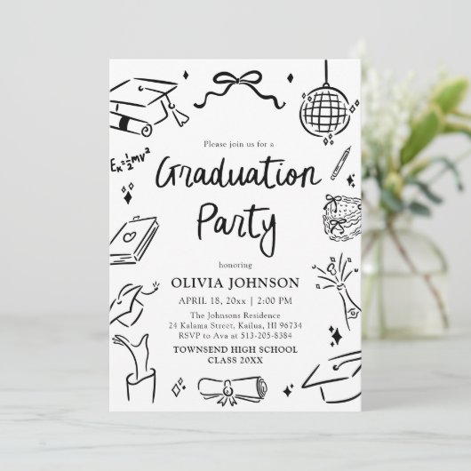 Modern Whimsical Hand Drawn Bow Graduation Party 招待状 (スタンド正面)