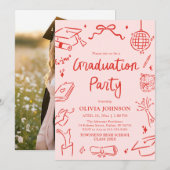 Modern Whimsical Hand Drawn Bow Graduation Party 招待状 (正面/裏面)