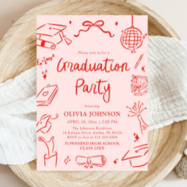 Modern Whimsical Hand Drawn Bow Graduation Party 招待状