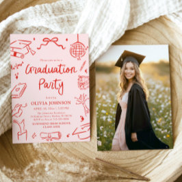 Modern Whimsical Hand Drawn Bow Graduation Party 招待状